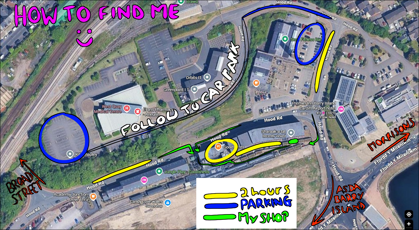 Annotated aerial map of Goodsheds, Barry, marking Sharaak-a-Tat, two hours parking, other parking, and approach routes from Broad Street, Barry Island and Morrisons