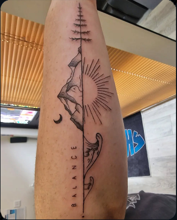 Minimalist mountain and pine tree tattoo with sun, crescent moon and Balance lettering
