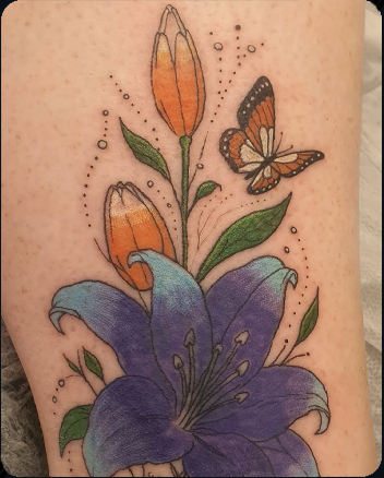 Colourful purple lily and orange flower tattoo with monarch butterfly and green leaves